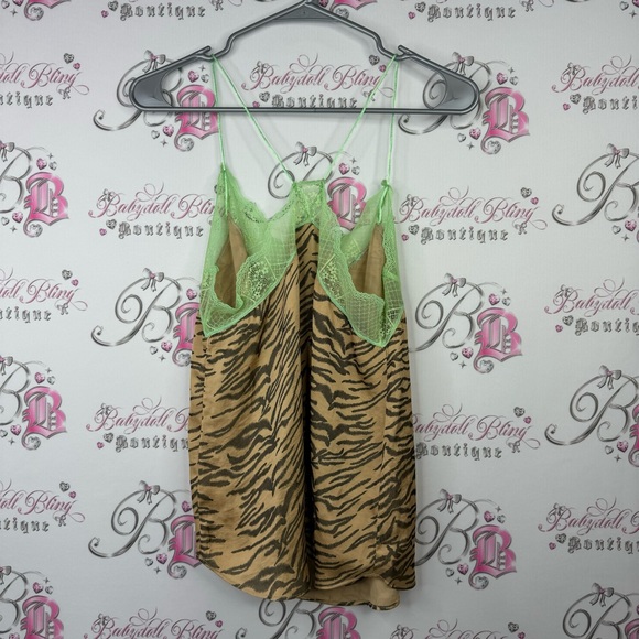 See u soon tank top cami camisole zebra beige print lime green lace racer back - Picture 3 of 6